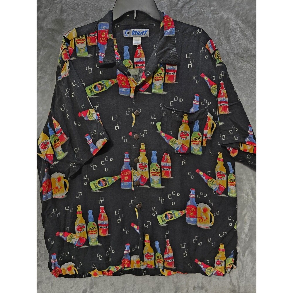 Utility Mens Shirt XL Colorful Beer Bottles Tropical Rayon Beach Outdoor